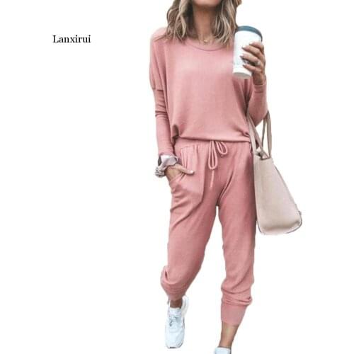 Women Solid Color Long Sleeve O Neck Blouse Top Drawstring Pants Sport Tracksuit