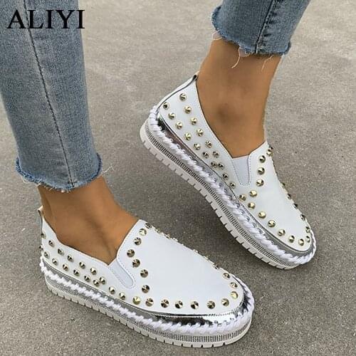 New Vulcanized Shoes Women 2021 Fashion Rivet Ladies Comfortable Slip On Casual Shoes Home Outdoor Female Flat Sneakers 43 Size