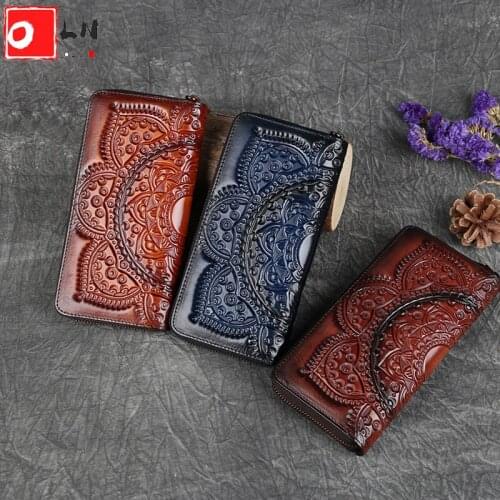 OLN Retro Women Wallet Long Hand Bag 2021 New Nature Cow Leather Handmade Embossed Floral Phone Purse Card Holder