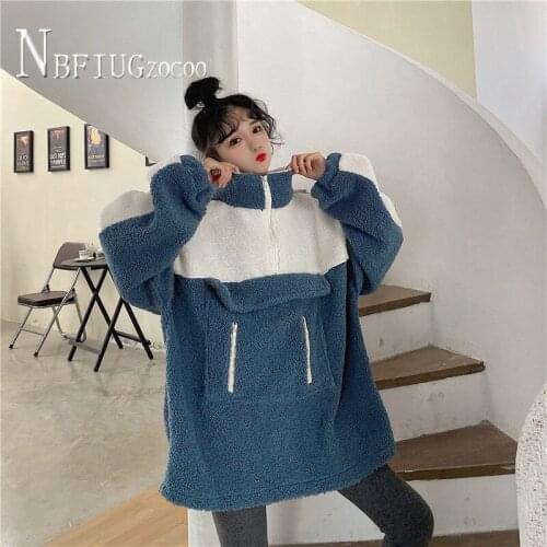Chest With Big Pocket Imitation Lambswool Women Sweatshirts Turtleneck Warm Female Sweatshirt