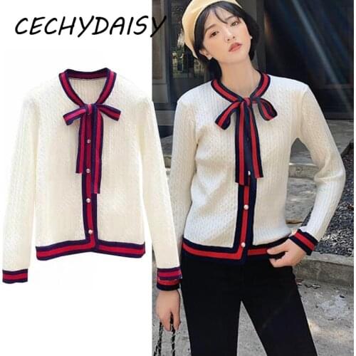 Knitted Sweater Cardigans Women Lace Up Bow Neck Long Sleeve Korean Fashion Striped Single Breasted Traf Tops Pull Femme Clothes