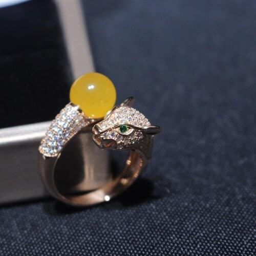 REALamber inlaid leopard head ring resizable ring high quality micro-inlaid zircon diamond ring 925 sterling silver women rings