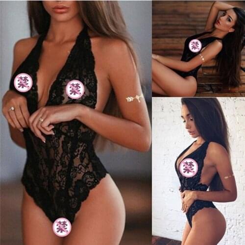 Women Body Lingerie Sexy Hot Erotic Dress Underwear Halter Perspective Lace Deep V Open One Piece Lingerie Porn Babydoll