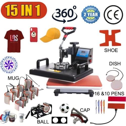 15 In 1 Combo Sublimation Heat Press Machine T Shirt Heat Transfer Printer ℃/℉ For Cap/Mug/Bottle/T-shirts /Phone Case/Pen/Shoe
