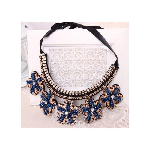 2015 Fashion Jewelry Handmade Beaded Blue Crystal Leaves Ribbon Bib False Collar Gold Chain Statement Chunky Necklace For Women
