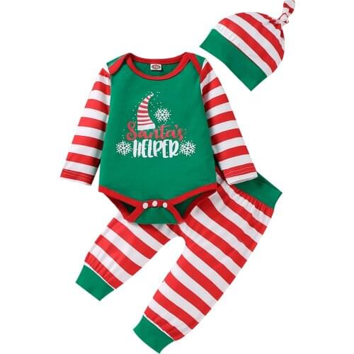 3Pcs Baby Christmas Outfits Letter Print Stripe O-Neck Long Sleeves Romper + Pants + Knotted Hat for Toddlers Girls Boys