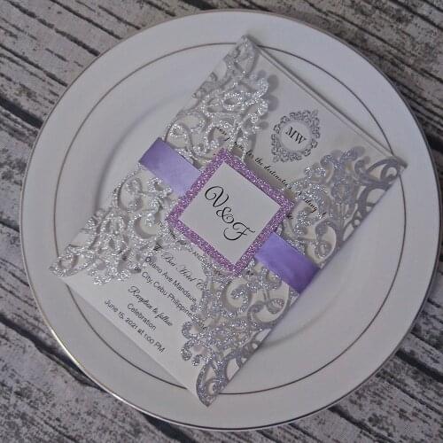 50pc Silver Personalized Print Laser Cut Wedding Cards with Purple Ribbon and Glittery Tag Quinceanera Party Invites