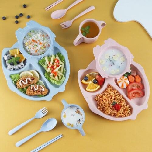 6pcs/Set Feeding Bowl Cartoon Wheat Straw Cutlery Set Baby Grids Dinner Plates Childrens Dinner Bowls Spoon Fork Cups