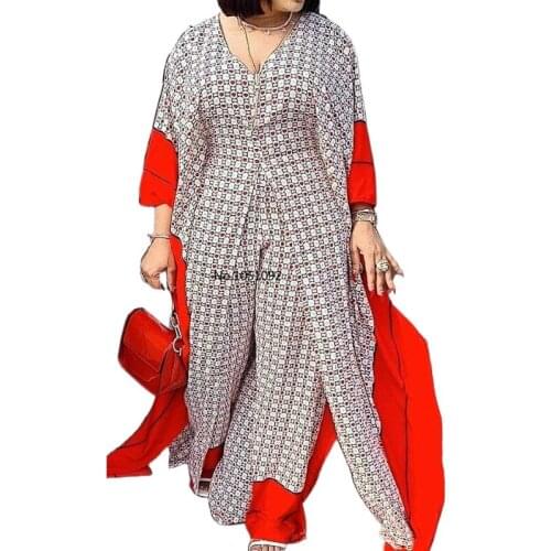 African mom dress fashion chiffon fabric digital printed wide leg pants two-piece set