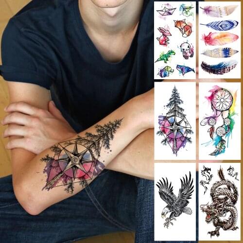 Watercolor Pine Tree Fake Temporary Tattoo For Kid Women Men Feather Dreamcatcher Tattoos Eagle Animal Dragon Tatoo Body Art Ear