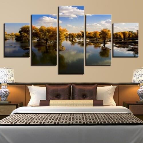 Decor Living Room HD Printed Wall Art Canvas Painting 5 Pieces Tree Lake Blue Sky Landscape Pictures Modular Framework Poster