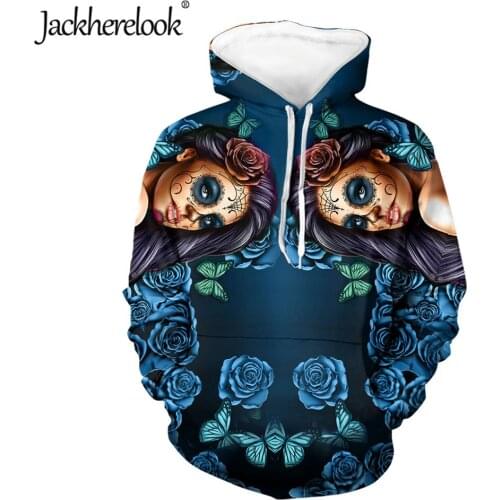 Jackherelook Blue Sugar Skull Brand Design Pullover Hoodies for Teen Girls Casual Loose Gothic Sweatshirts Tracksuits Jackets