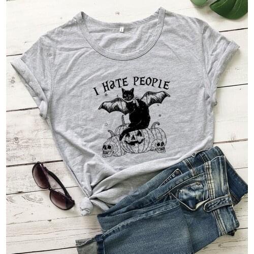 I hate people gothic cat t-shirt funny unisex women tumblr grunge O-Neck 100% Cotton graphic quote casual Fashion tee top tshirt