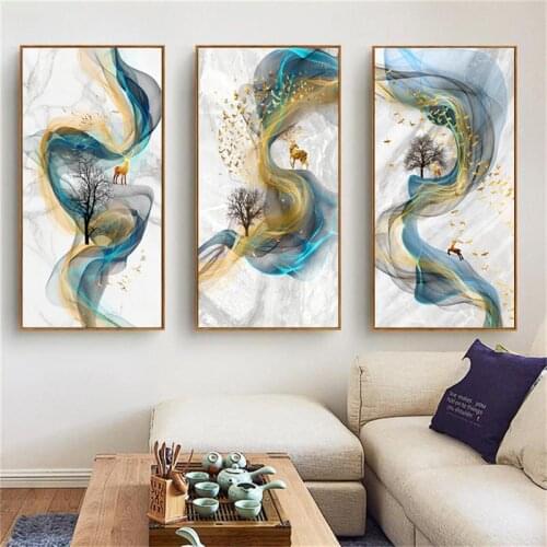 Nordic Golden Deer Paintings Wall Pictures Modern Canvas Painting Abstract Blue Poster Print Wall Art For Living Room Bedroom