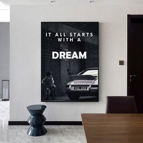Motivational poster it All Starts with a Dream Canvas Painting Black and White Room Wall Decor Art Prints Decoration for Home