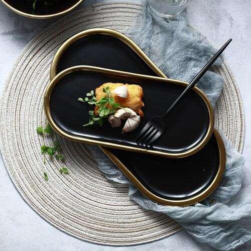 1pc European Style Dinner Plate Black Ceramic Rice Plate with Gold-edge Minimalist Dinnerware Pasta Dish Decorative Plate