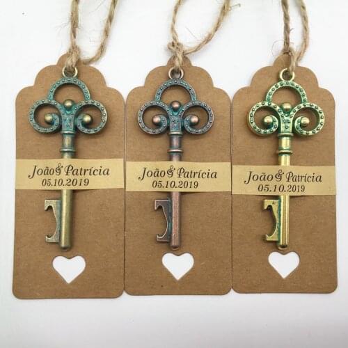 50pcs/lot Novelty Wedding Souvenirs Party Gifts Rust Color Clover Skeleton Key Beer Bottle Opener with Personalized Sticker Card
