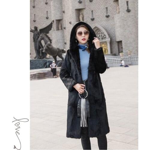 Real genuine natural rabbit fur coat with hood womens fashion long fur jacket outwear warm winter custom any size Free shipping
