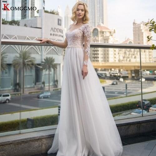 Luxury O-Neck Full Sleeve Sweep Train A-Line Wedding Dress Custom Made Button Back Embroidery Appliques Tulle Bridal Gown