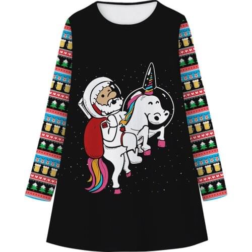 2021 Unicorn Girls Christmas Dress Autumn Santa Claus Santa Claus Rides A Unicorn Dresses For Girl Children Home Party Clothes