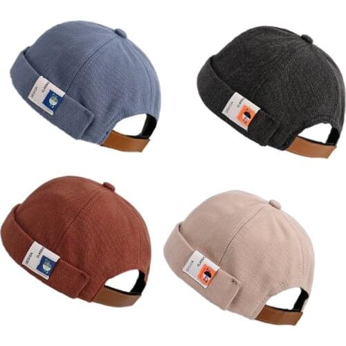 Retro Solid Color Beanie Docker Cap Rolled Cuff Brimless Label Hip Hop Skull Hat