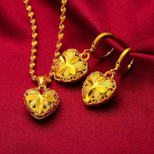 Heart Shaped Necklace Earrings Set 18K Gold Womens Engagement Party Accessories New 2021