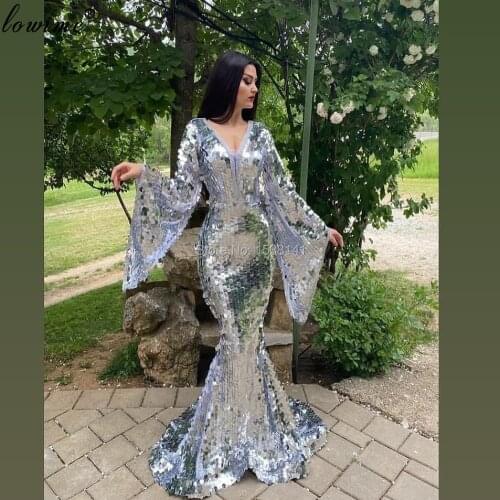 Dubai Long Sleeves Evening Dresses Mermaid Sequins Sexy Evening Dresses Women Party Night Arabic Cocktail Dress вечерние платья