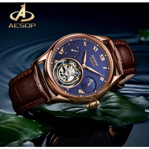 AESOP Sapphire Glass Waterproof Watch Real Tourbillon Mechanical Mens Wristwatch Moon Phase Multifunction Men Watch