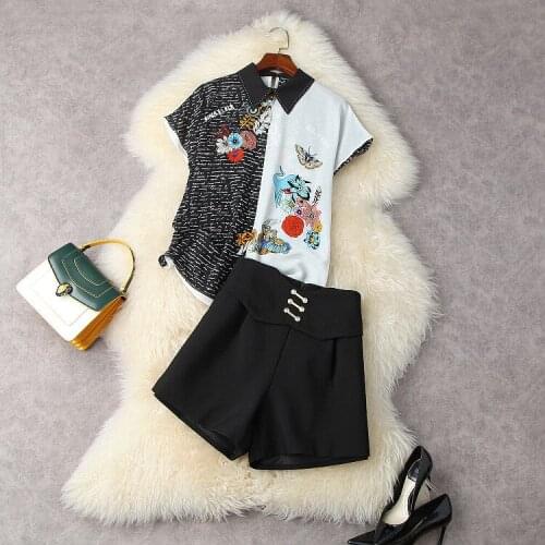 Europe and the United States womens clothing New Summer 2021 Short sleeved shirt with printed lapels Black shorts Fashion suit