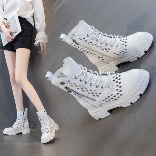Fashion Genuine Leather Hollow Out Women Boots 7CM High Heels Casual Ankle Boot Combat Chelsea Zipper boots