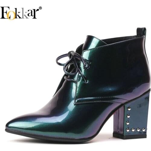 Eokkar 2020 Women Ankle Boots Patent Leather Pointed Toe Lace Up Winter Boots All Match Square High Heel Ladies Boot Size 34-42