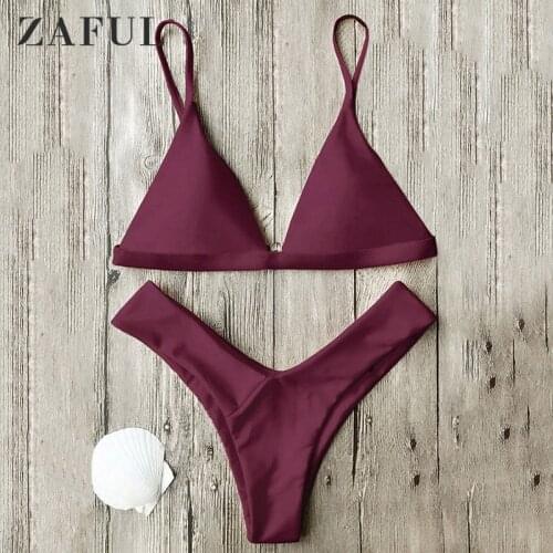 Zaful Womens Swimsuit Spaghetti Straps Soft Pad Thong Bikini Set Solid Swimwears Sexy 2021 Beach Bathing Suit 2 Piece Female
