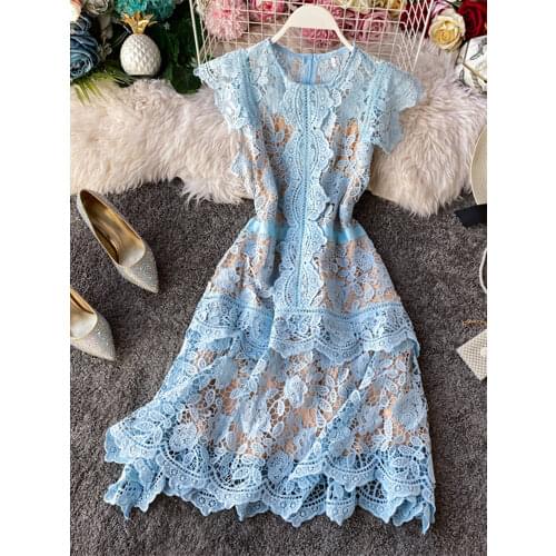Fashion Designer Sleeveless Ruffles Dress Women O-neck Butterfly Sleeve High Waist Lace Dress Female Hollow Out Layer Cake Dress