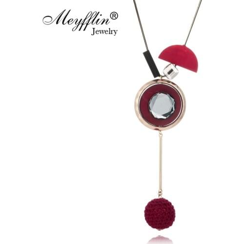 Meyfflin Women Long Necklaces Pendants Female Jewelry Fashion Round Wool Ball Crystal Necklace Vintage Wood Chain Collier Femme