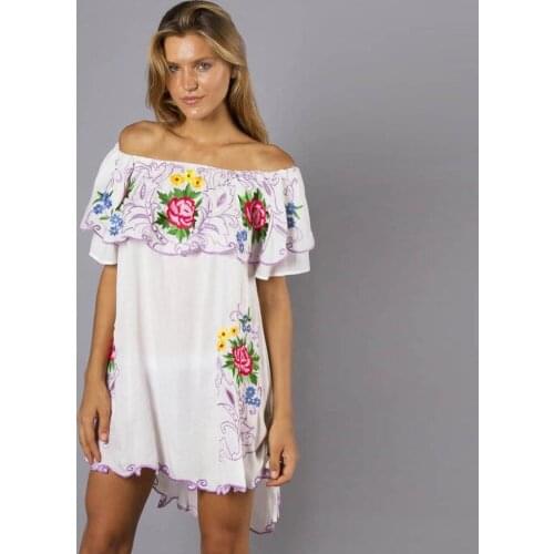 Boho Summer Off The Shoulder White Dress Women 100% Rayon Casual Loose Gypsy Chic Floral Embroidered Mini Dresses Short Vestidos