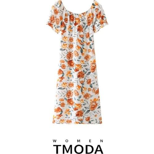 TMODA1390 Za 2021 Summer Women Puff Sleeve Temperament Floral Dress Lady Sexy High Waist Square Collar Female Chic Long Dress