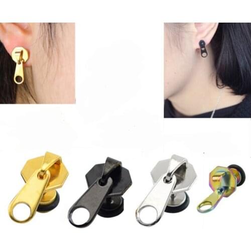1PC 2016 New Trendy Punk Titanium Steel Zipper Silver Plated Black Stud Earrings Christmas Jewelry Gifts For Women Girls