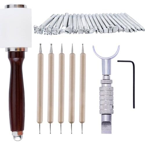 27pcs/lot Leathercraft Tool Set Leather Carving Kits Wooden Hammer Stainless Steel Printing Tool Sewing Handmade Kit