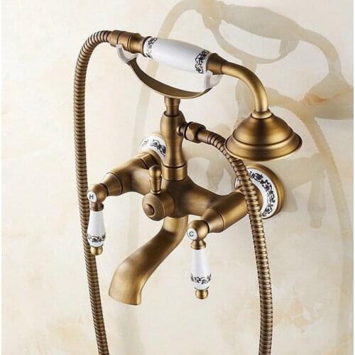 Antique Brass Wall Mounted Bathroom Tub Faucet Dual Ceramics Handles Telephone Style Hand Shower Clawfoot Tub Filler atf306