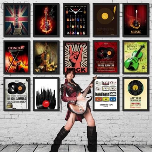 Black Record Retro Violin Music Bar Canvas Decorative Painting Modern Electric Guitar Punk Rock Cafe Living Room Wall Pictures
