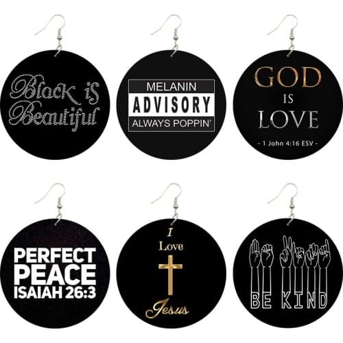 SOMESOOR Black Advisory Beautiful Wooden Drop Earrings I Love God Jesus Christian Sayings Printed Loops Dangle Jewelry For Women