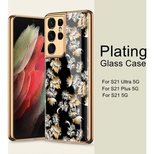 Floral Tempered Glass Case For Samsung Galaxy S21 Ultra Case Plating Soft TPU Frame Hard Glass Back Cover for S21 Plus 5G