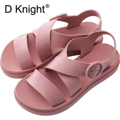 D Knight Women Flat Sandals Gladiator Open Toe Buckle Soft Jelly Sandals Female Casual Summer Flat Platform For Girl Beach Shoes