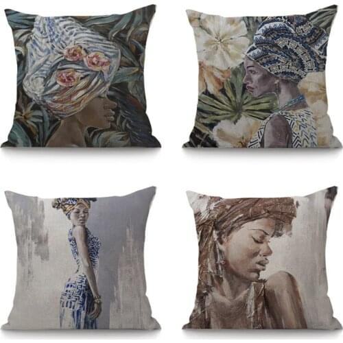 Decoration Art African Oil Painting Cushion Cover Sofa Throw Pillow Case Africa Women Printed Cotton Linen Cushion Cover Car