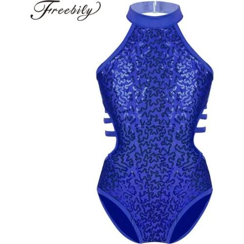Kids Girls Gymnastics Leotards Child Sparkly Sequins Dancewear Sleeveless Cutouts Back Strappy On Waist Ballet Dance Jumpsuit
