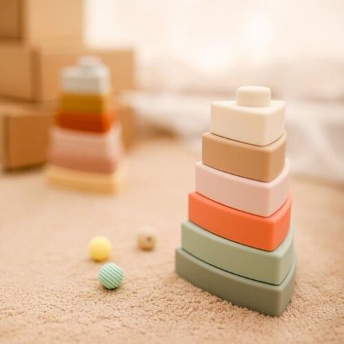 Baby Toy Folding Tower Baby Soft Building Blocks Triangle Silicon Teether Jenga Building Blocks 3D Stacking Montessori Toy Gift