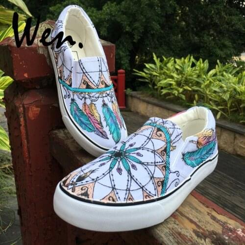 Wen Custom Design Hand Painted Shoes Dreamcatcher Colored Feathers Slip On Flats White Canvas Sneakers for Women And Men