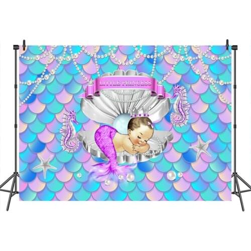 Mermaid Photography Background Baby Shower Pearl Shall Birthday Backdrop for Photo Pattern Custom Background for Photo Props