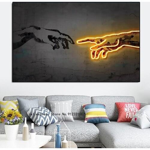 Creation of Adam Neon Hand Canvas Painting Modern Style Posters And Prints Wall Art Modular Pictures Living Room Cuadros