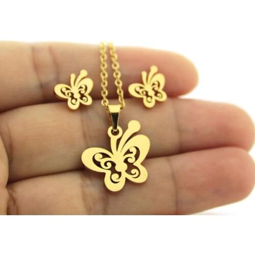 1 Set Golden Stainless Steel Set Cute Flower Butterfly Charms Insect Earrings Necklace Sets for Women Girls Kids Gift